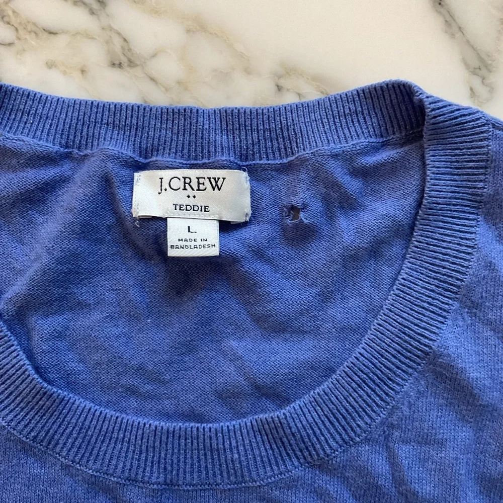 EUC JCrew Teddie Purple Blue Cotton Pullover Sweater Sz Large - Small hole